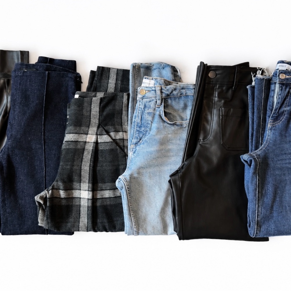 Mixed Women's Pants Bundle - Denim, Plaid, Leather-Look - Blue, Black